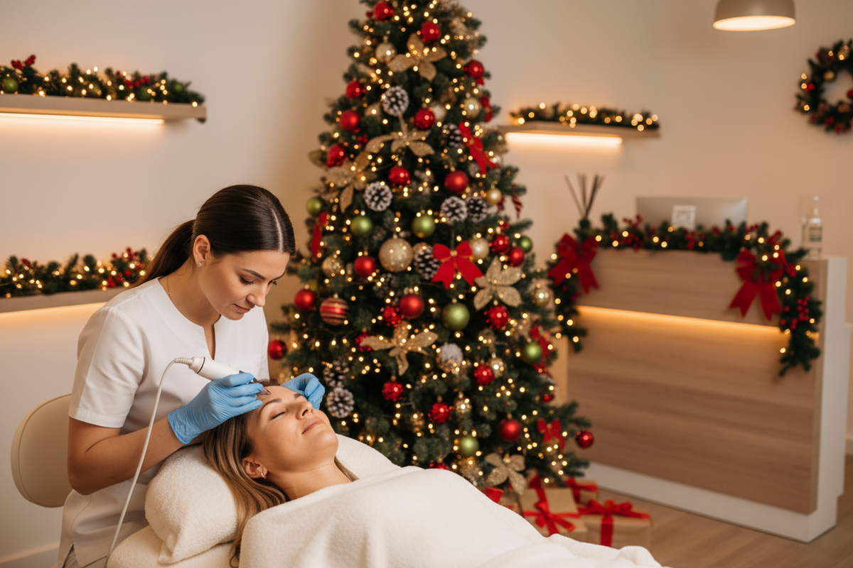 Show microneedling a women with a christmas background
